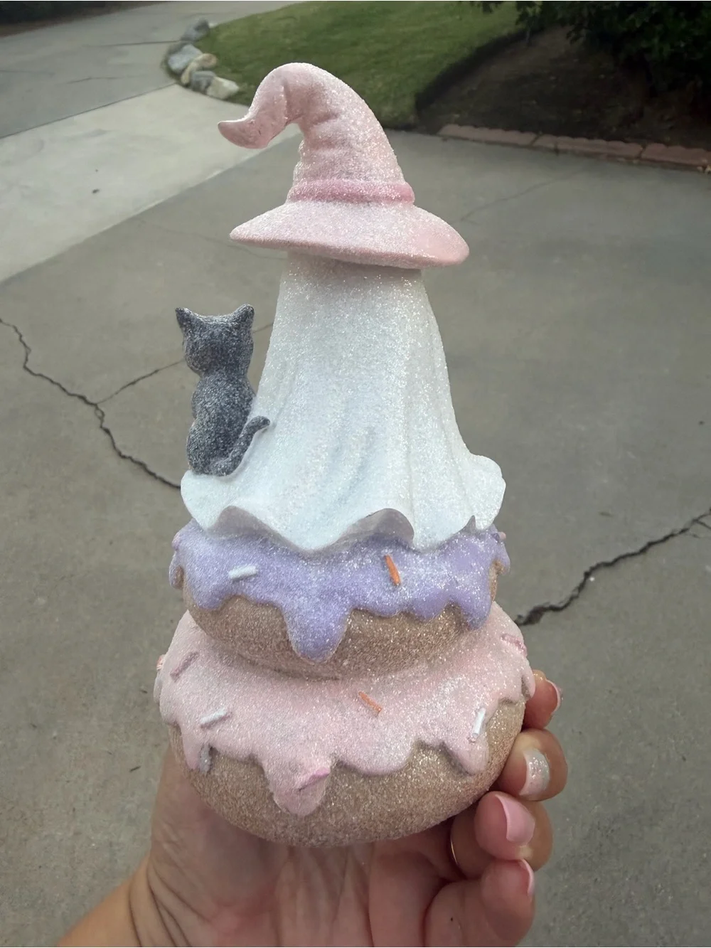 Glitter Ghost Witch Figurine with Donut and Cat - Pastel Pink & Purple